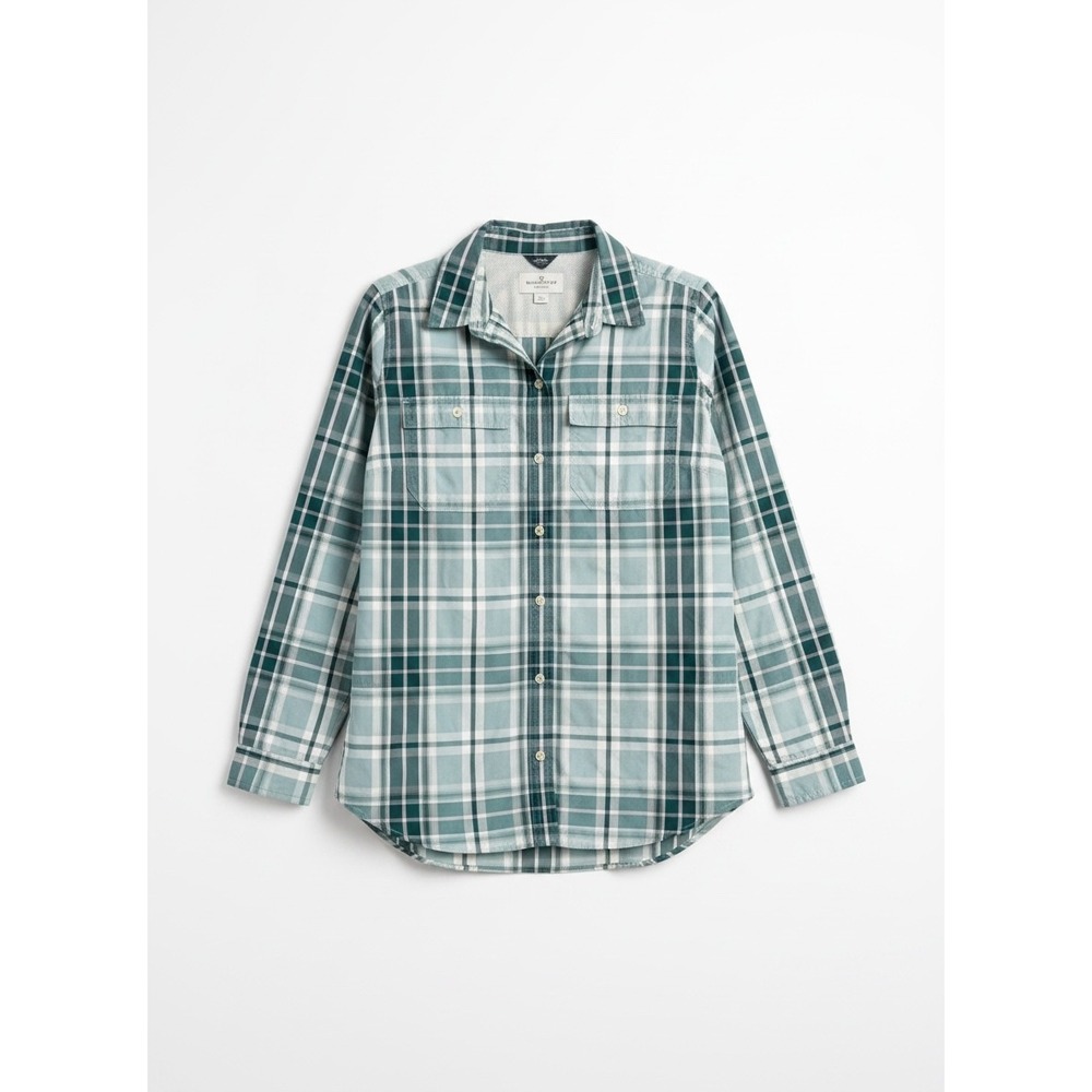 Eddie Bauer Women Teal Plaid Roll Tab Sleeve Hiking Button Down Shirt Large Vent